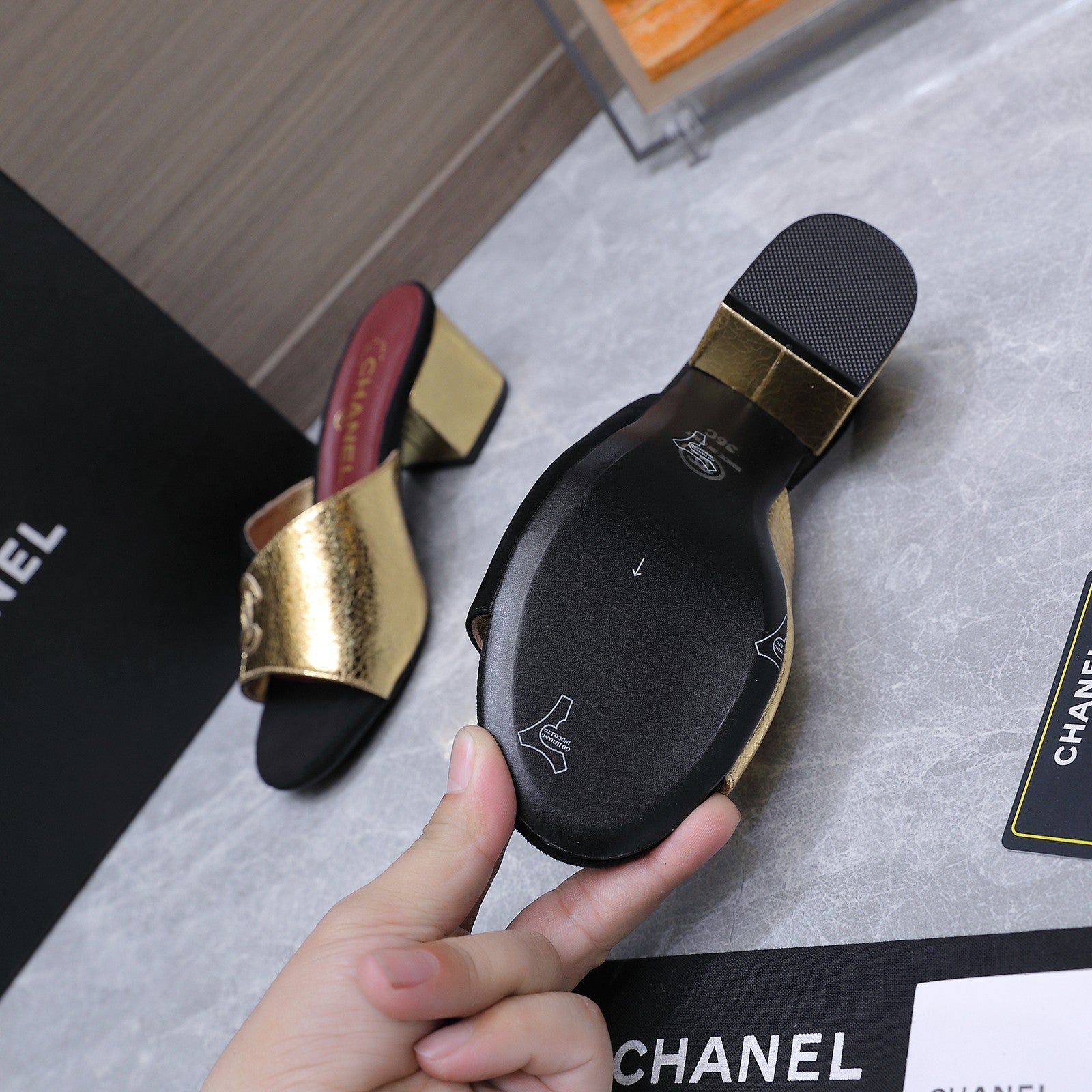 Chanel 2026 High-Heeled Sandals Black Gold Suede Leather 758417