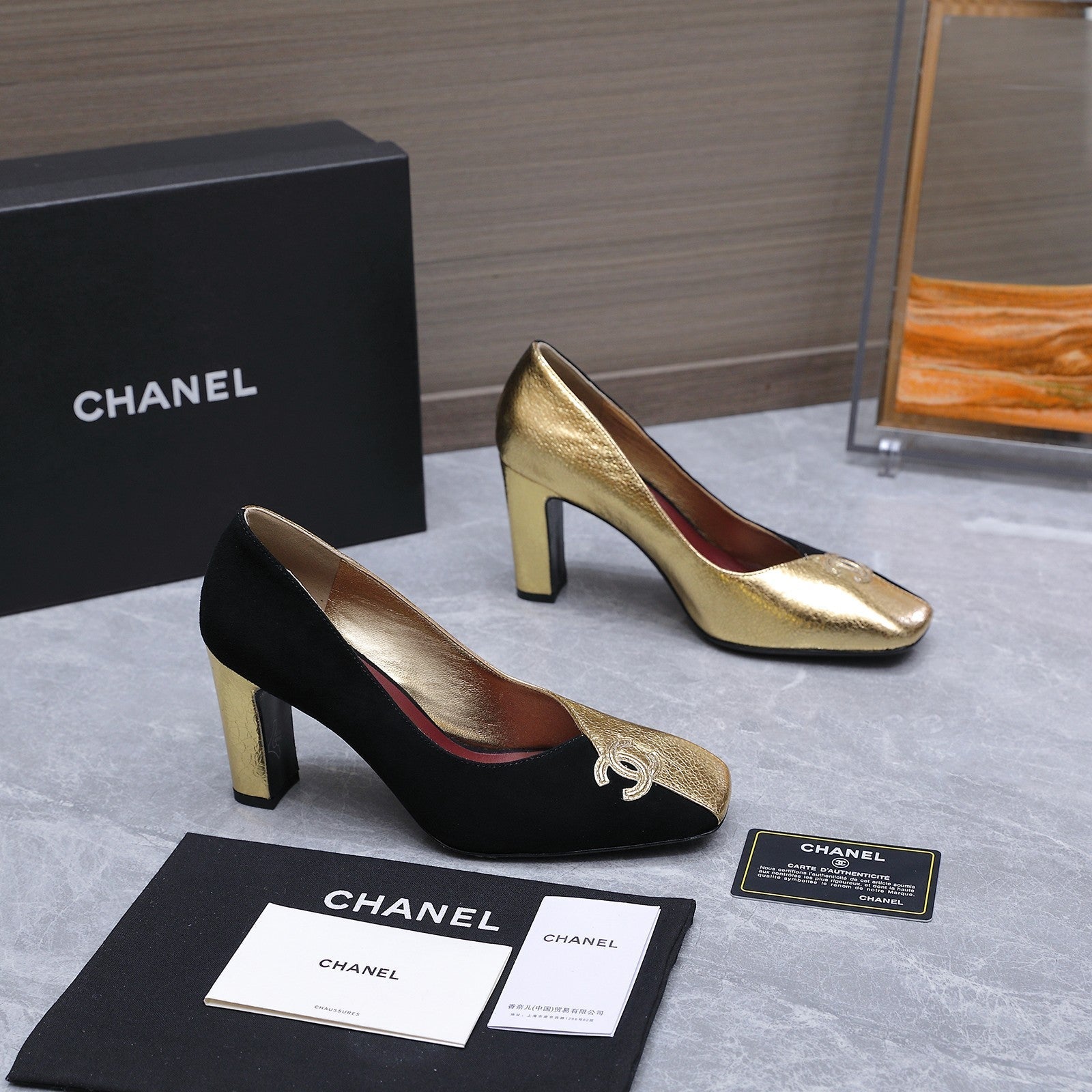 Chanel 2026 High-Heeled Pump 85mm Black-Gold Suede Sheepskin 758425