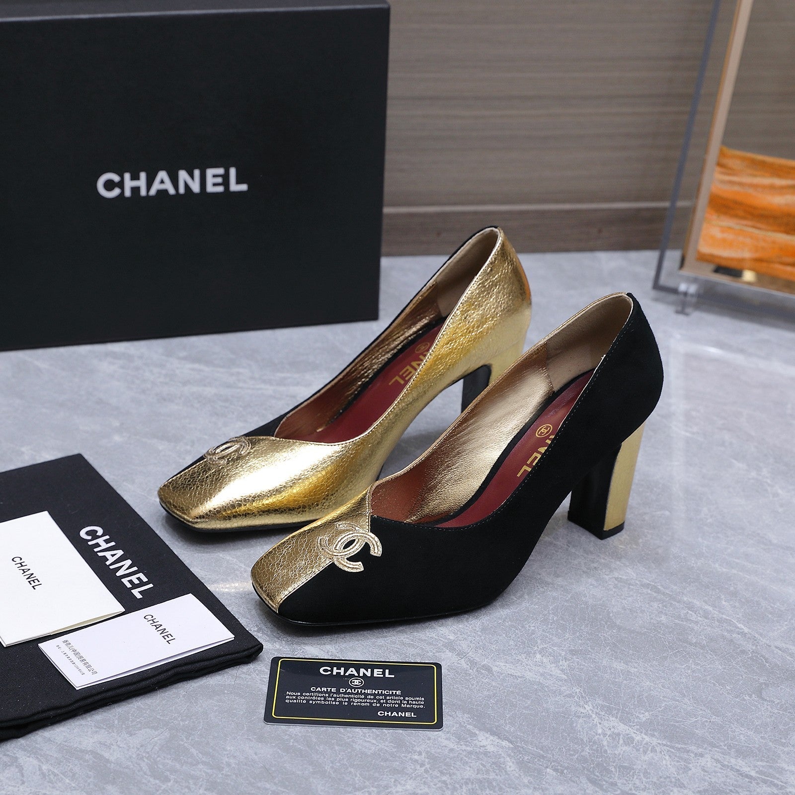 Chanel 2026 High-Heeled Pump 85mm Black-Gold Suede Sheepskin 758425