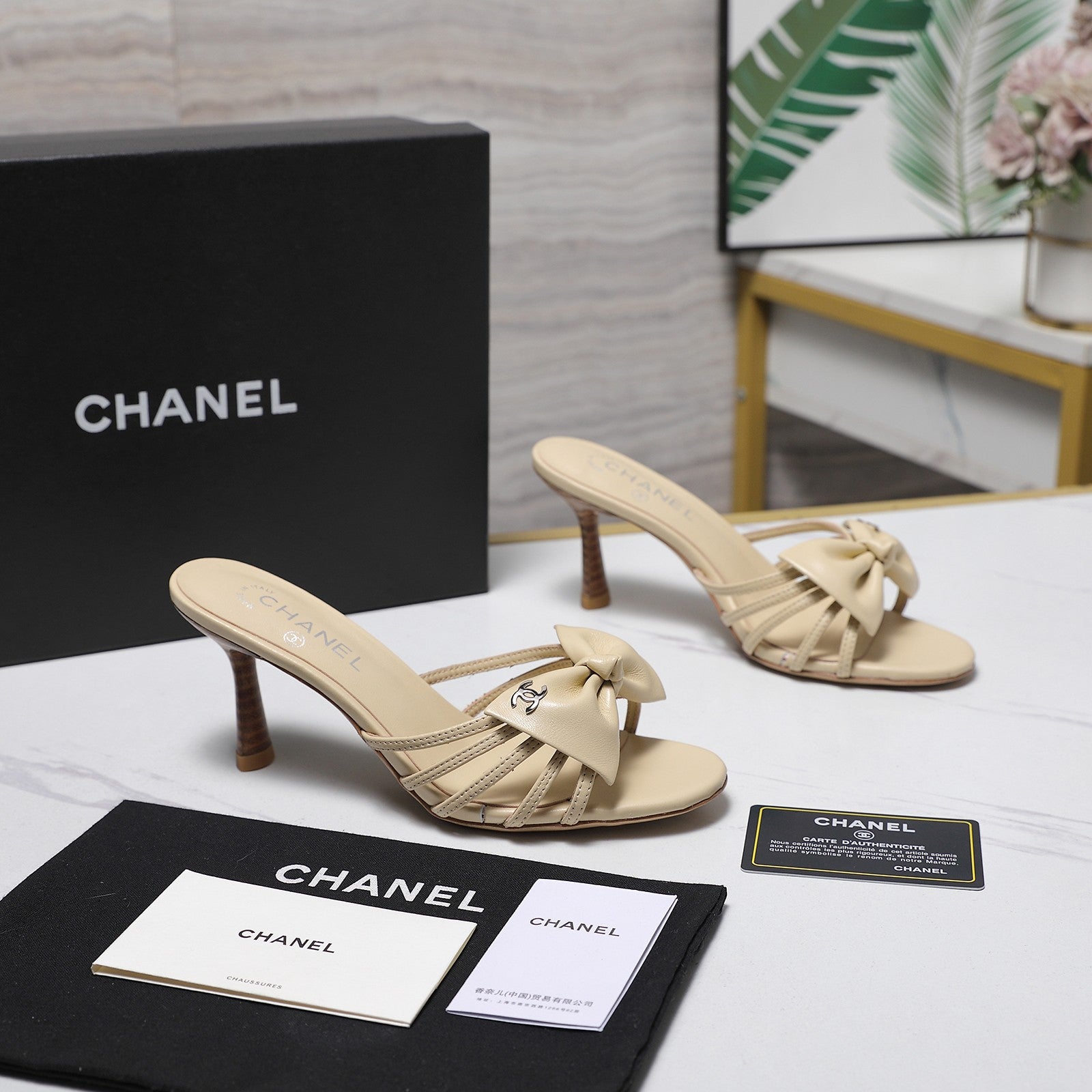 Chanel 2026 High-heeled Sandals With Delicate Bow 80mm Beige Cowhide 758428