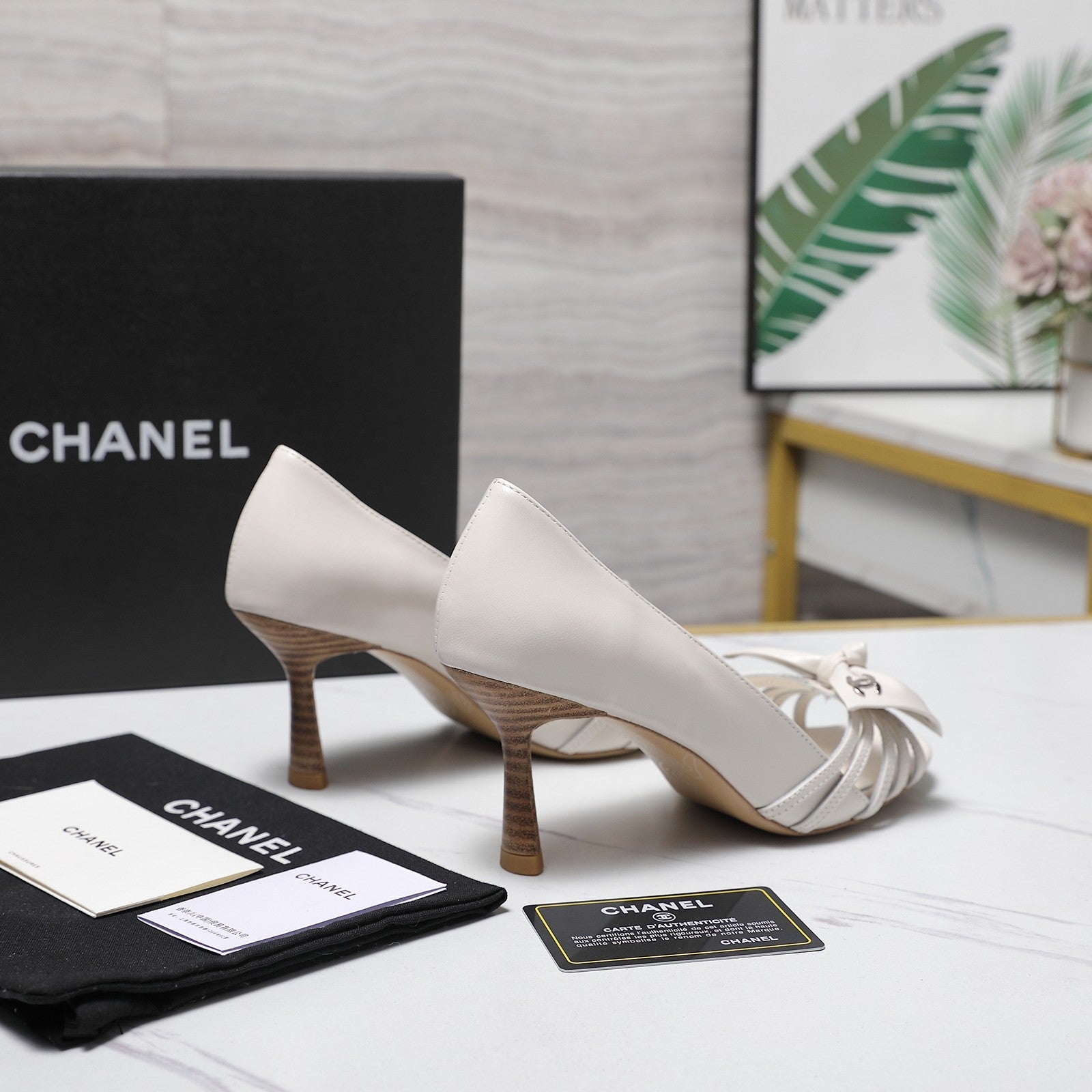 Chanel 2026 Bow Strappy High-Heeled Peep Toe Sandals White Cowhide 758431