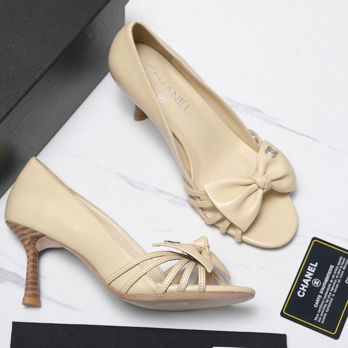 Chanel 2026 Bow Strappy High-Heeled Peep Toe Sandals Beige Cowhide 758432