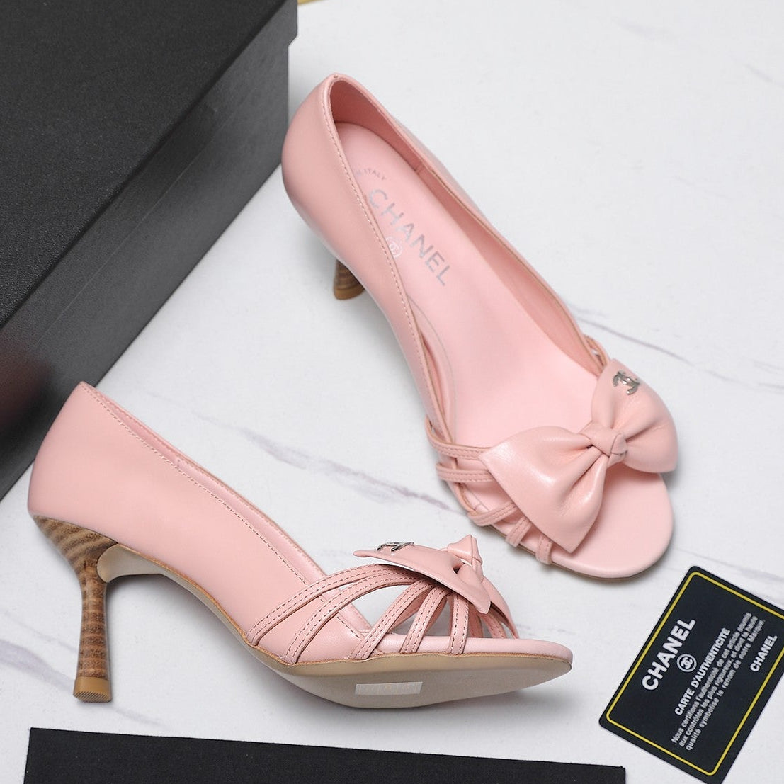 Chanel 2026 Bow Strappy High-Heeled Peep Toe Sandals Pink Cowhide 758433