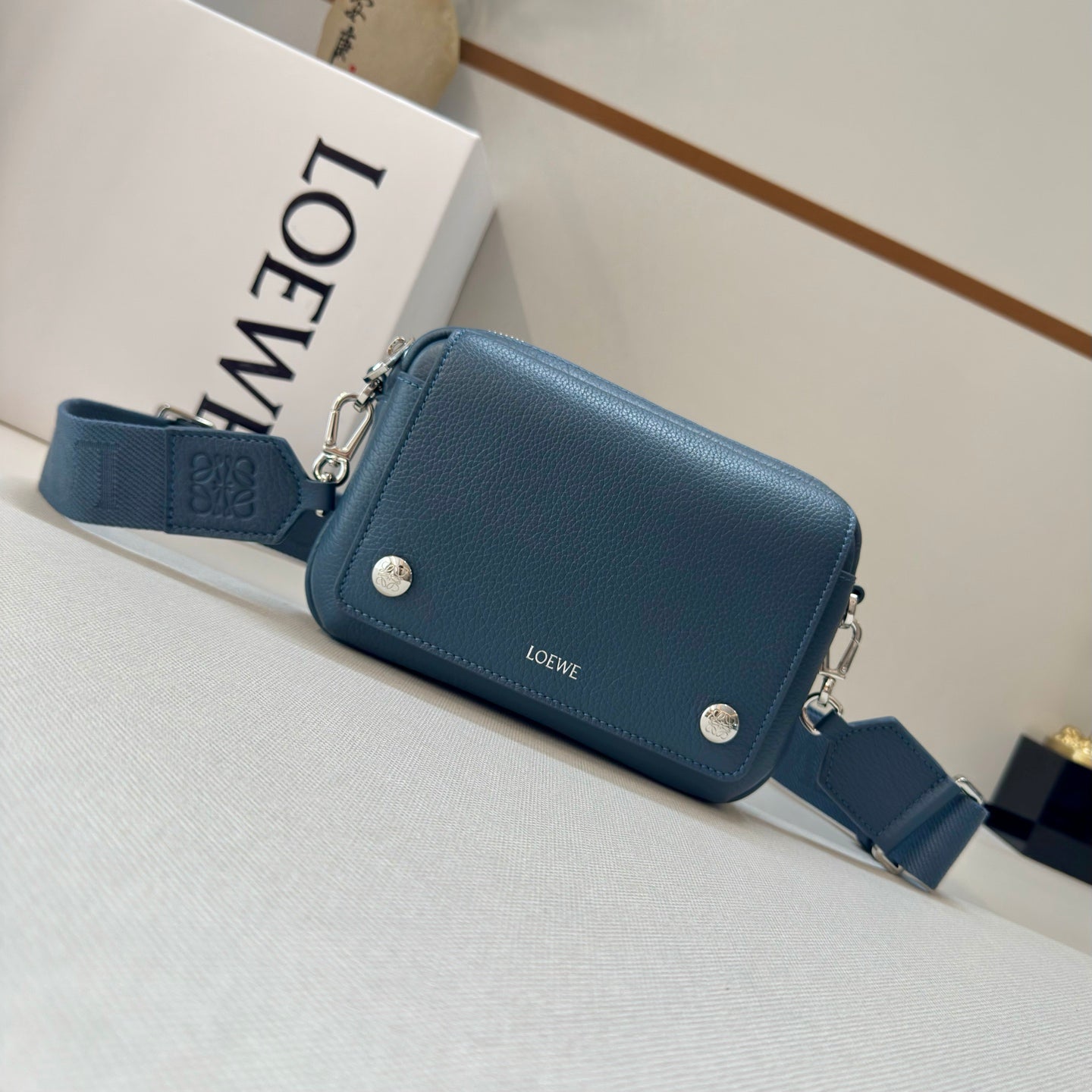 Loewe 2025 Small Pebble Messenger Bag Indigo Blue Grained Calfskin 274589