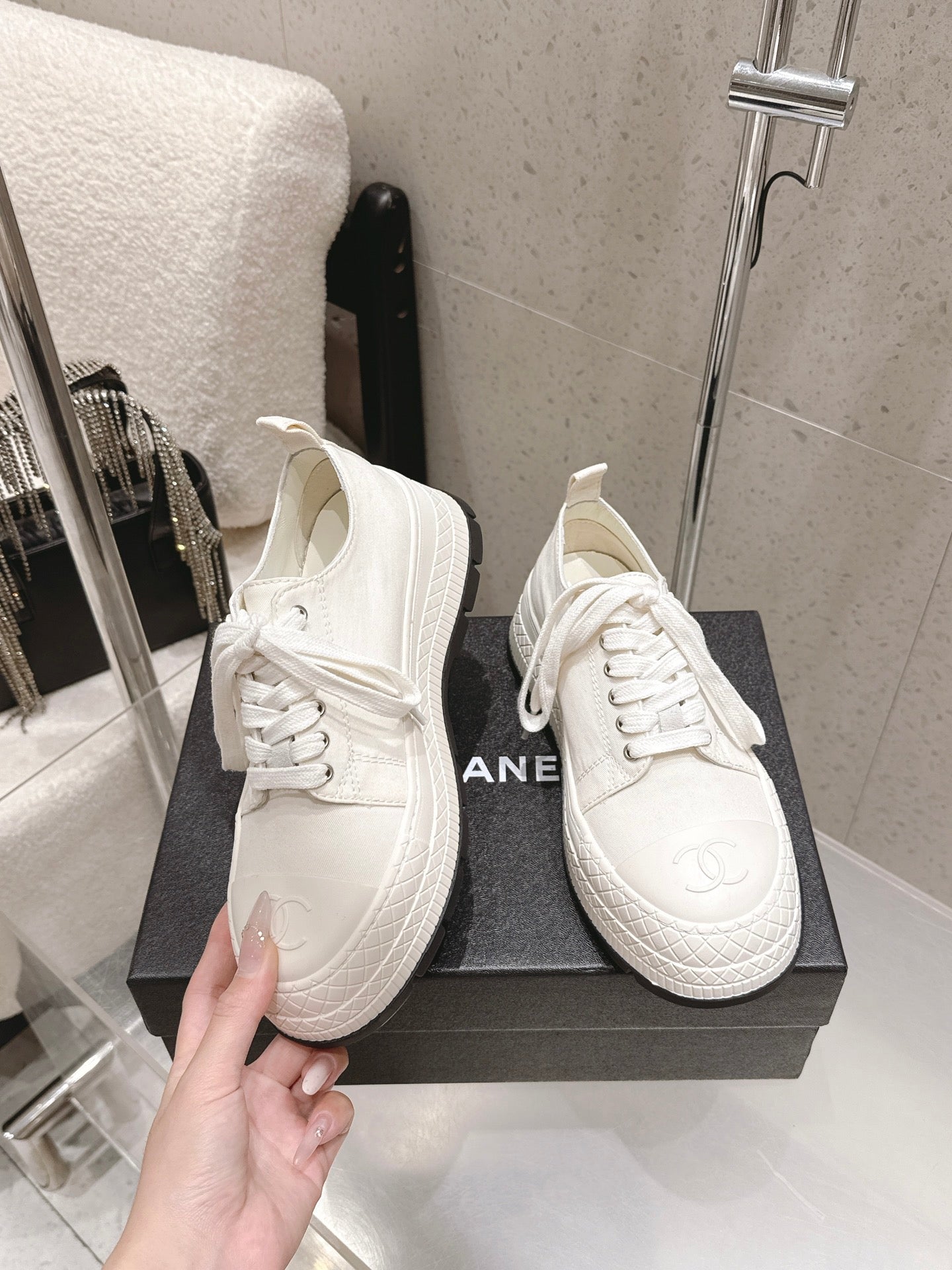 Chanel 2026 Panda Sneakers White Denim Leather 762921
