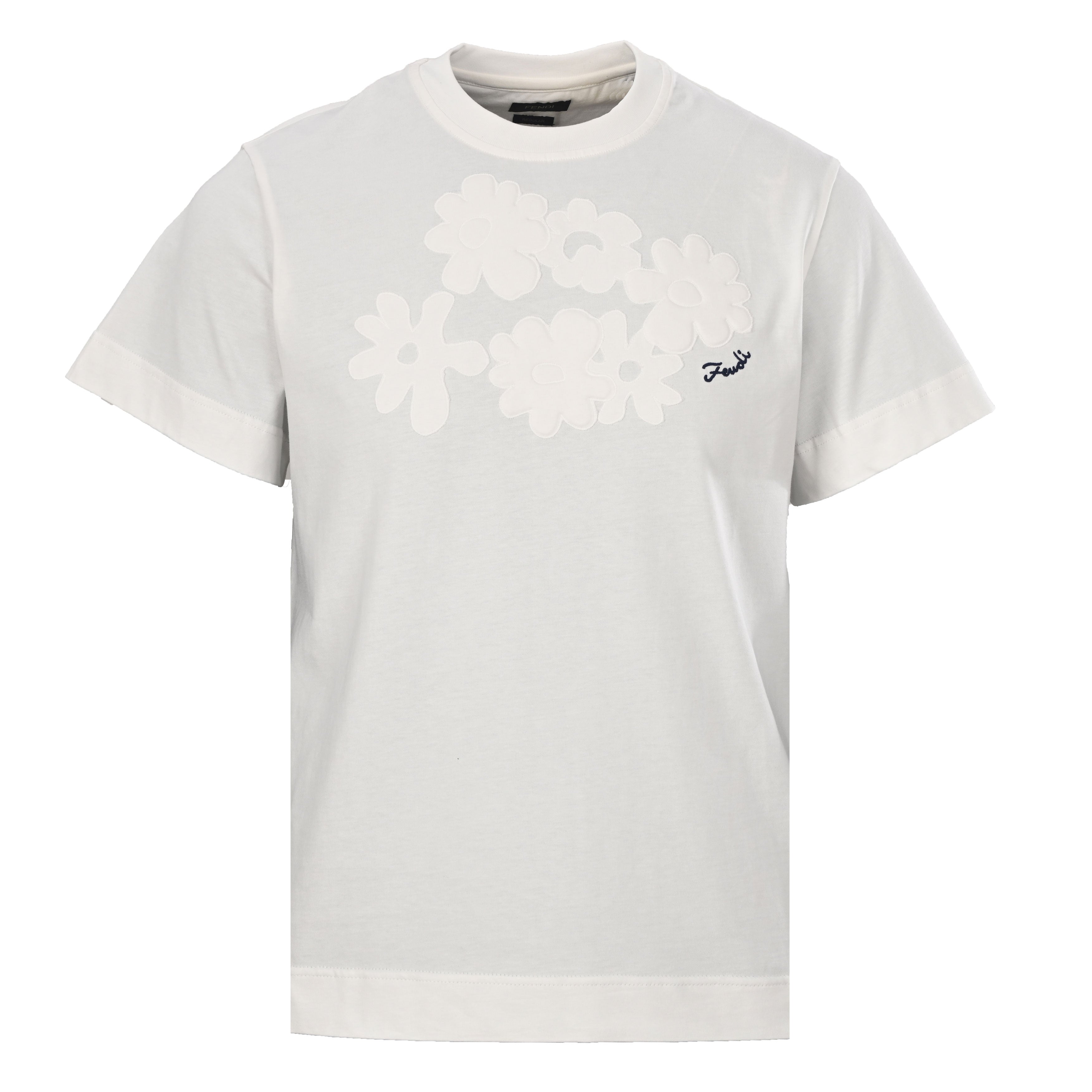 Fendi 2026 Men's  Floral Embroidered T-Shirt Cream Pure Cotton 827722