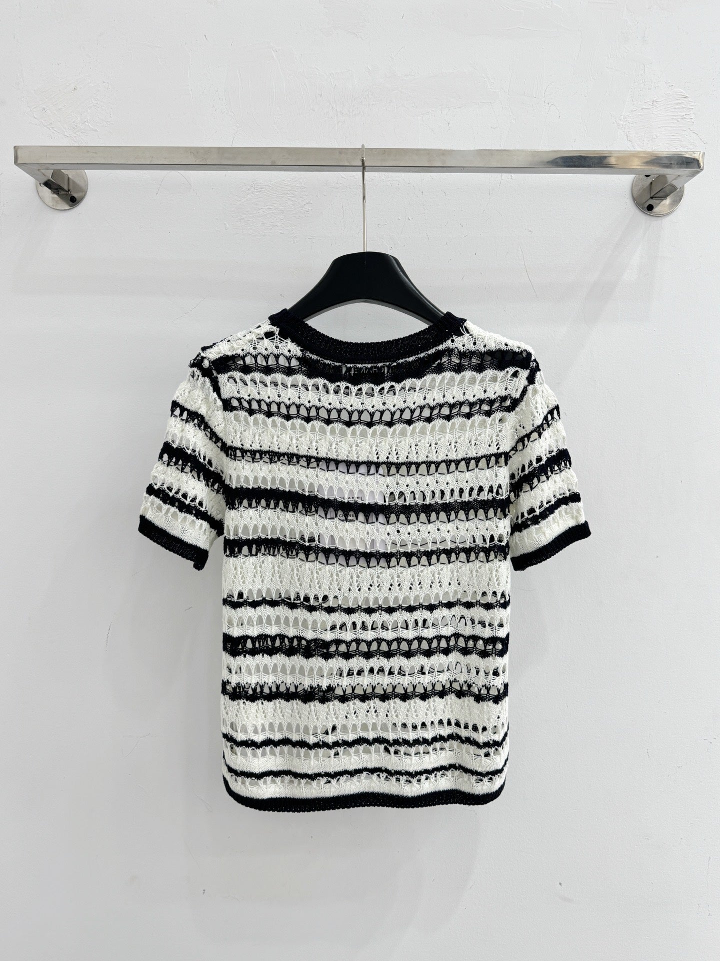 Chanel 2026 Black and White Striped Hollow-Out Knit Short-Sleeve Top Wool 330993