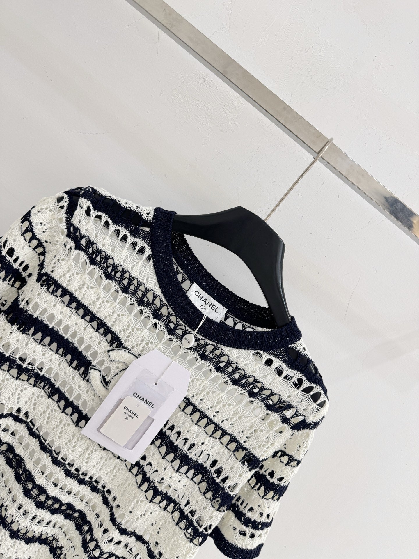 Chanel 2026 Black and White Striped Hollow-Out Knit Short-Sleeve Top Wool 330993