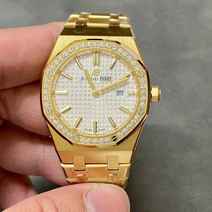 Audemars Piguet Royal Oak Lady 33mm Gold Case White Dial Diamond Bezel