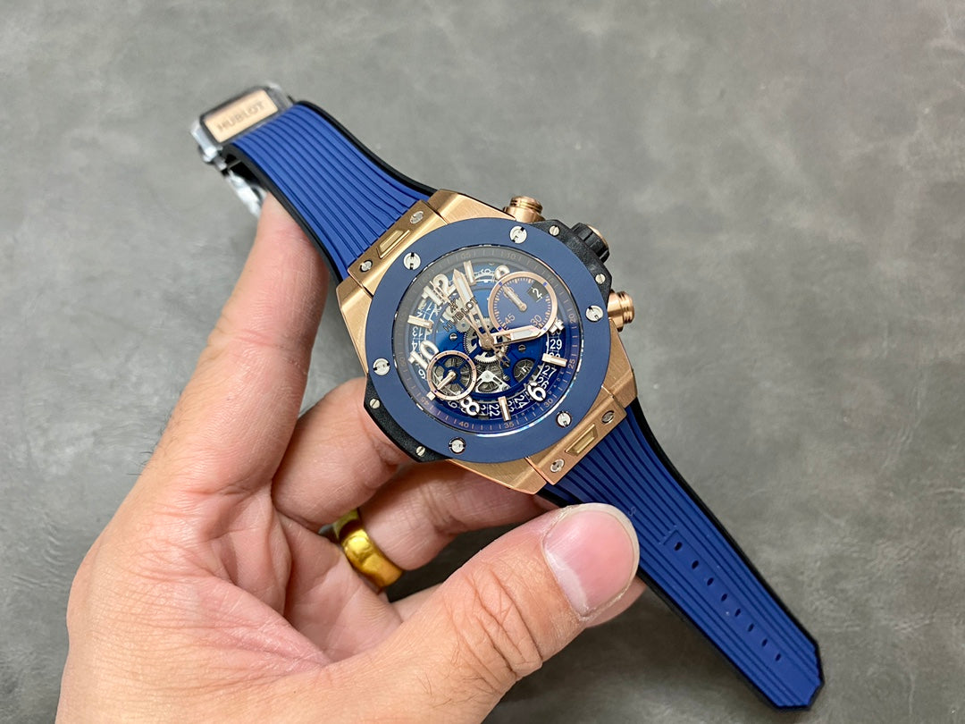 Hublot Big Bang Unico Rose Gold 42mm Watch with Blue Ceramic Bezel