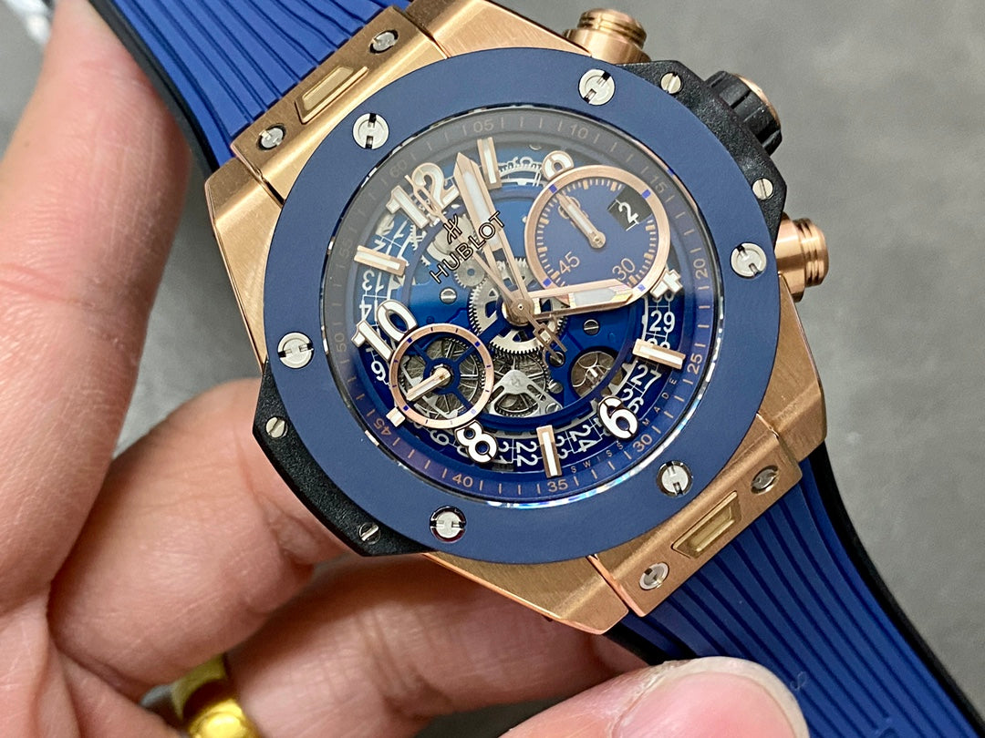 Hublot Big Bang Unico Rose Gold 42mm Watch with Blue Ceramic Bezel