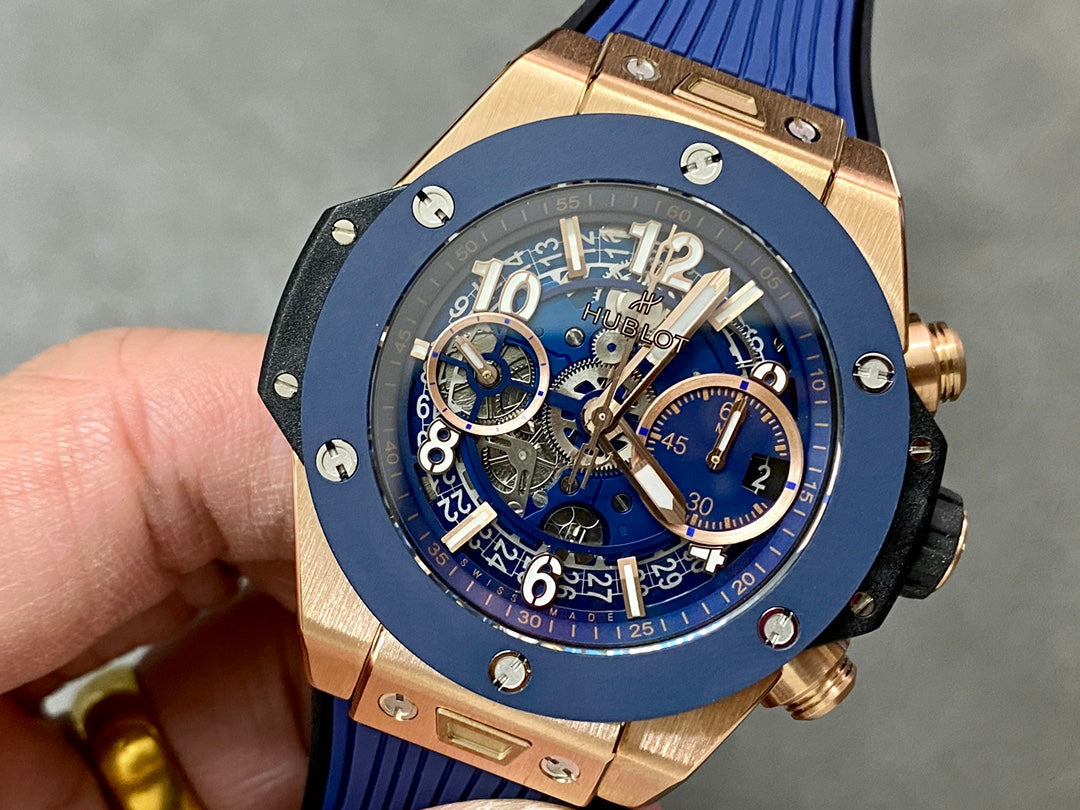 Hublot Big Bang Unico Rose Gold 42mm Watch with Blue Ceramic Bezel