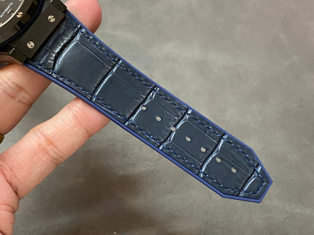 Hublot Classic Fusion Chronograph Watch 45mm Black Ceramic Case Blue Leather Strap