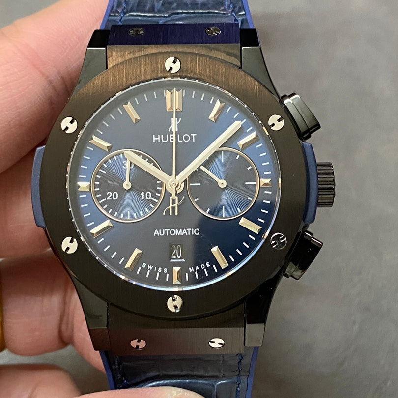 Hublot Classic Fusion Chronograph Watch 45mm Black Ceramic Case Blue Leather Strap