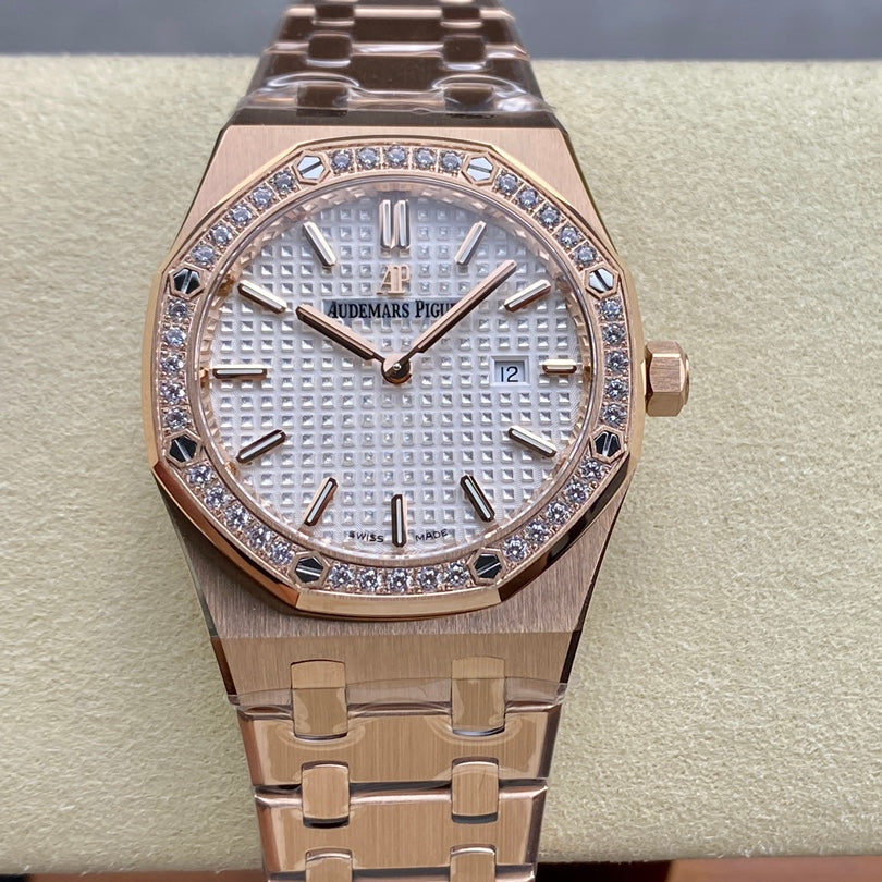 Audemars Piguet Royal Oak Lady 33mm Rose Gold White Dial Diamond Bezel