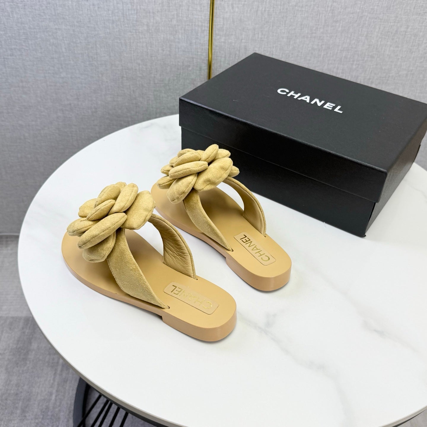 Chanel 2026 Flower Flat Thong Sandals Suede Cowhide 801431