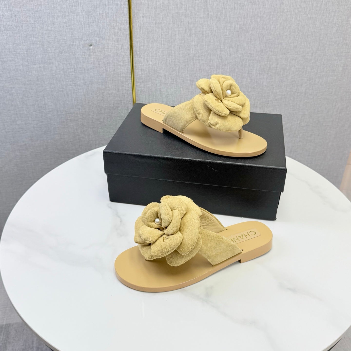 Chanel 2026 Flower Flat Thong Sandals Suede Cowhide 801431