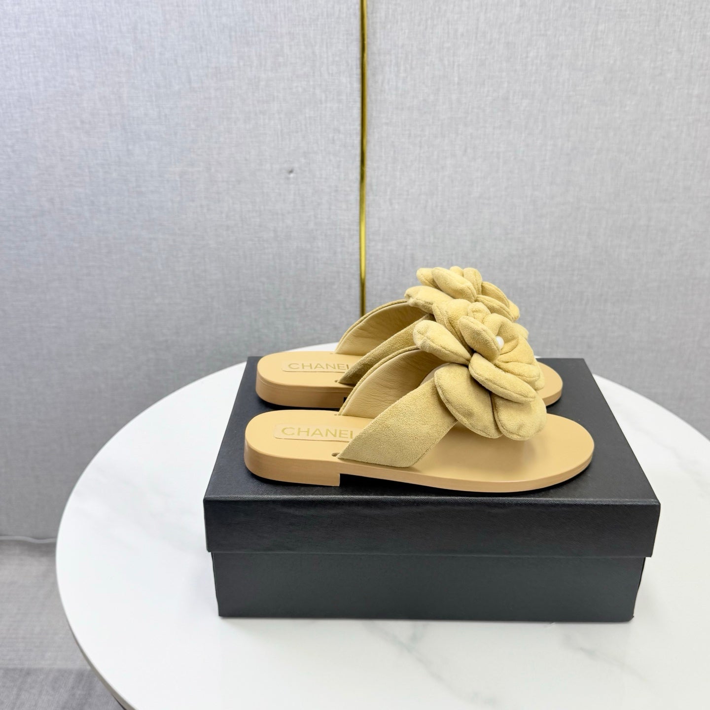 Chanel 2026 Flower Flat Thong Sandals Suede Cowhide 801431