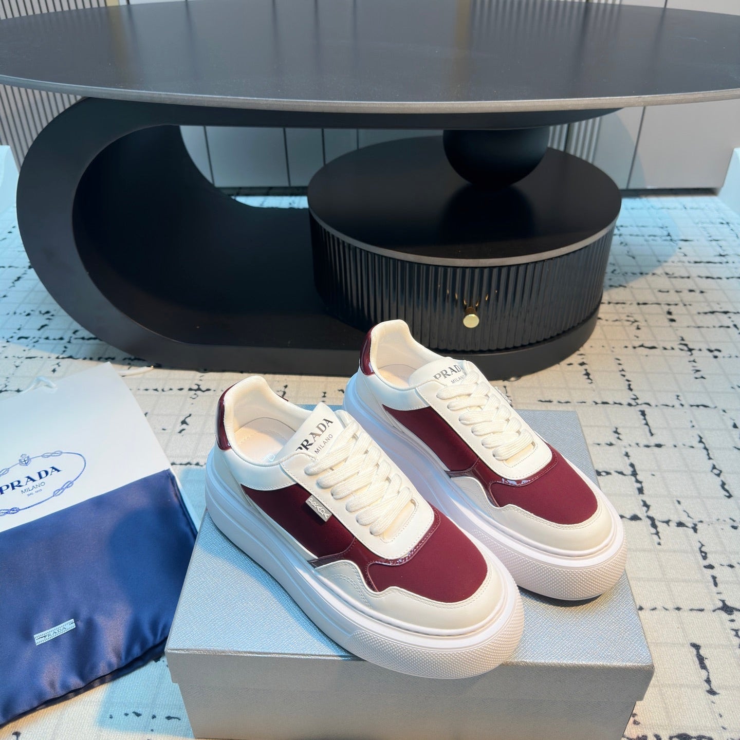 Prada 25s  Platform Sneakers White Red Cowhide 538422