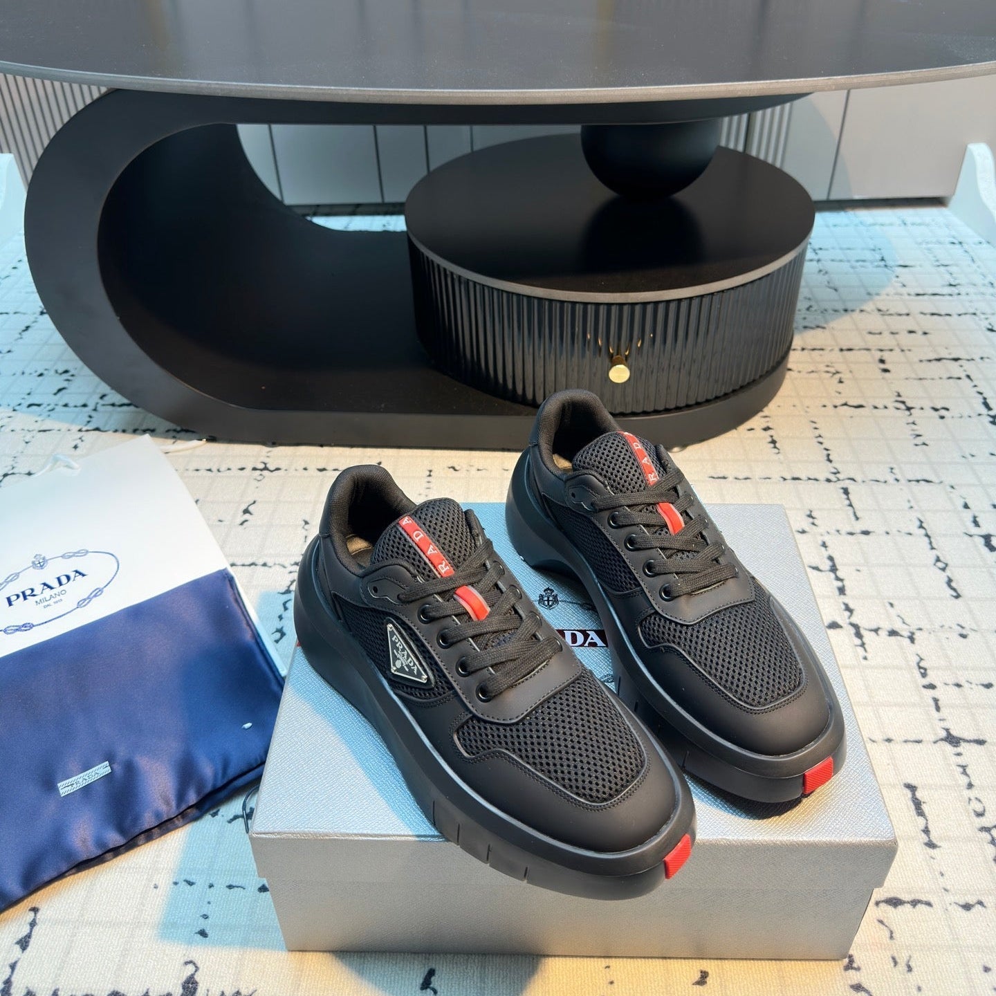 Prada 25s  Platform Sneakers Black Cowhide 538424