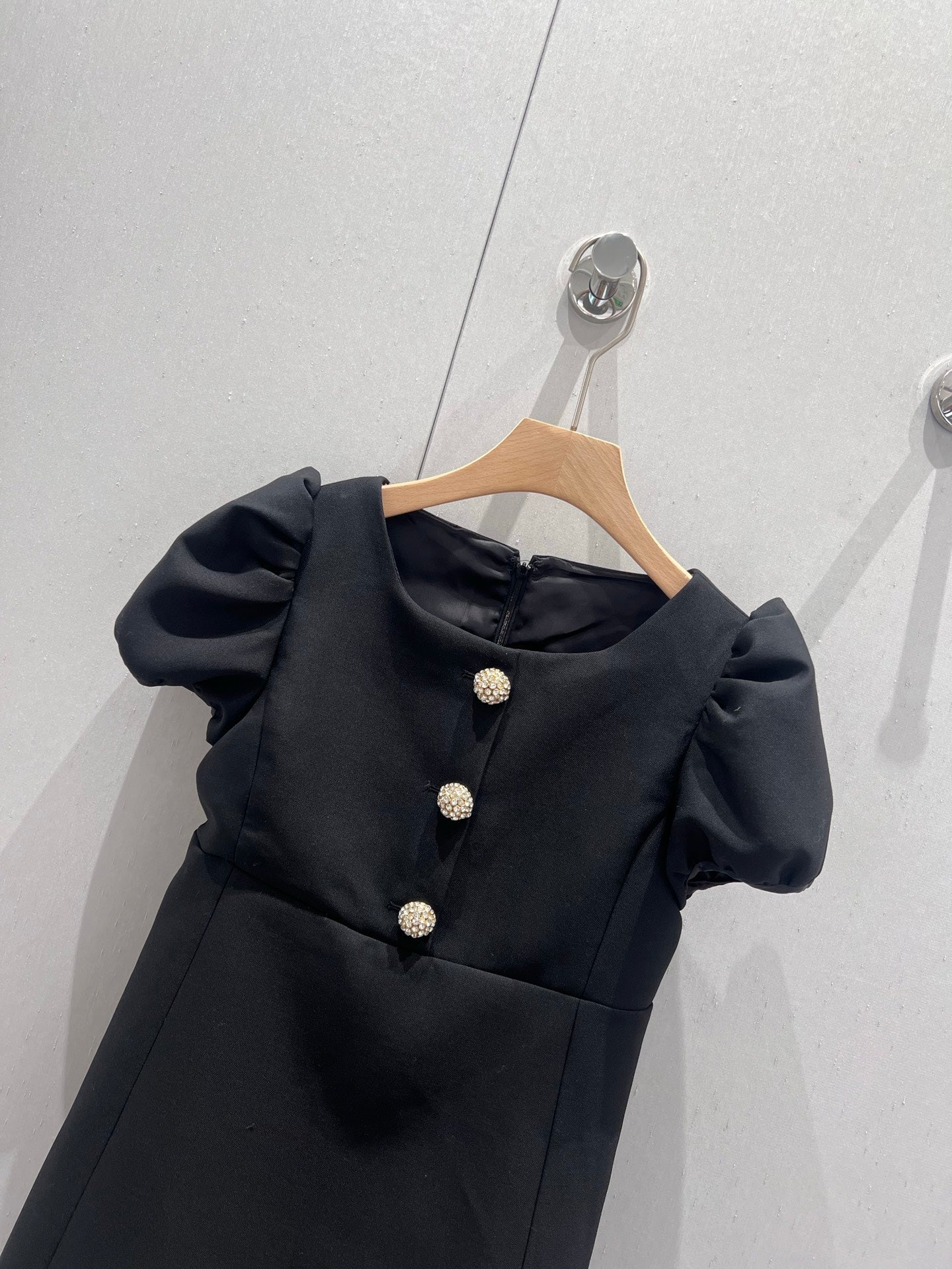 Celine 25 Rhinestone Button Mini Dress Black Wool 220842