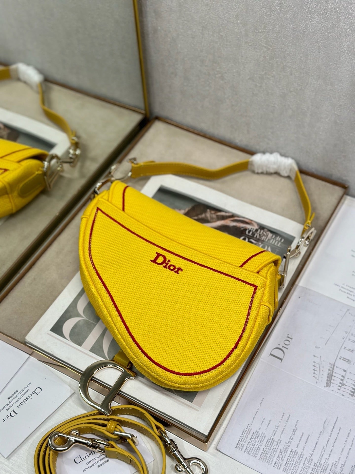 Dior 2026 Saddle Bag 25.5cm Yellow mix Red Canvas 289472