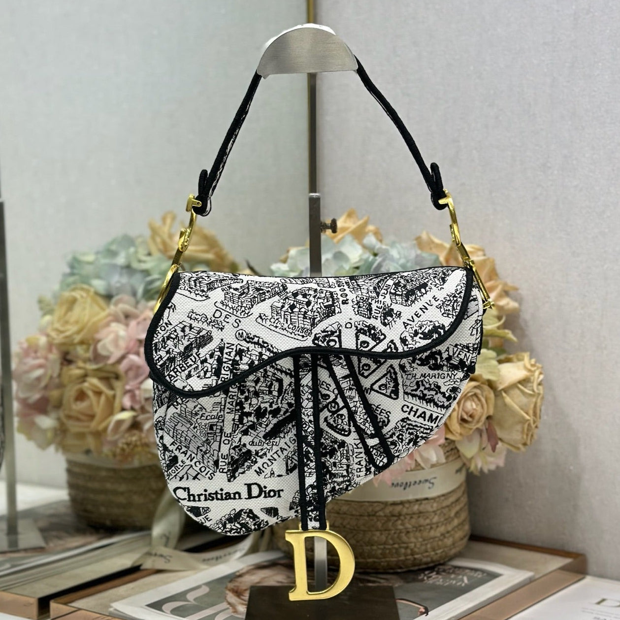 Dior 2026 Striking Black White Plan de Paris Pattern 25.5cm Saddle Bag 289478