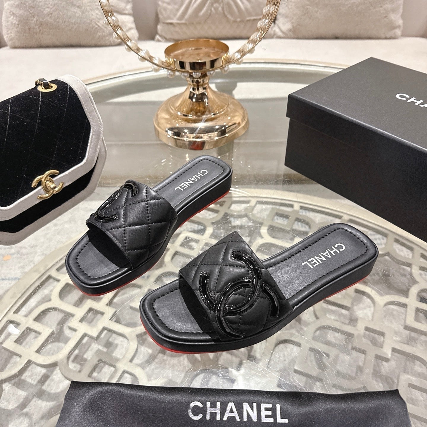 CC 26s Platform Slippers Black Sheepskin 627069
