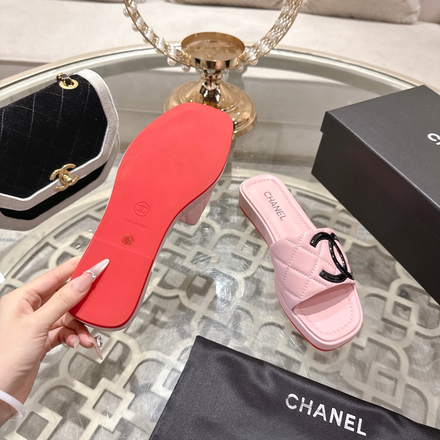 CC 26s Platform Slippers Pink Black Sheepskin 627071