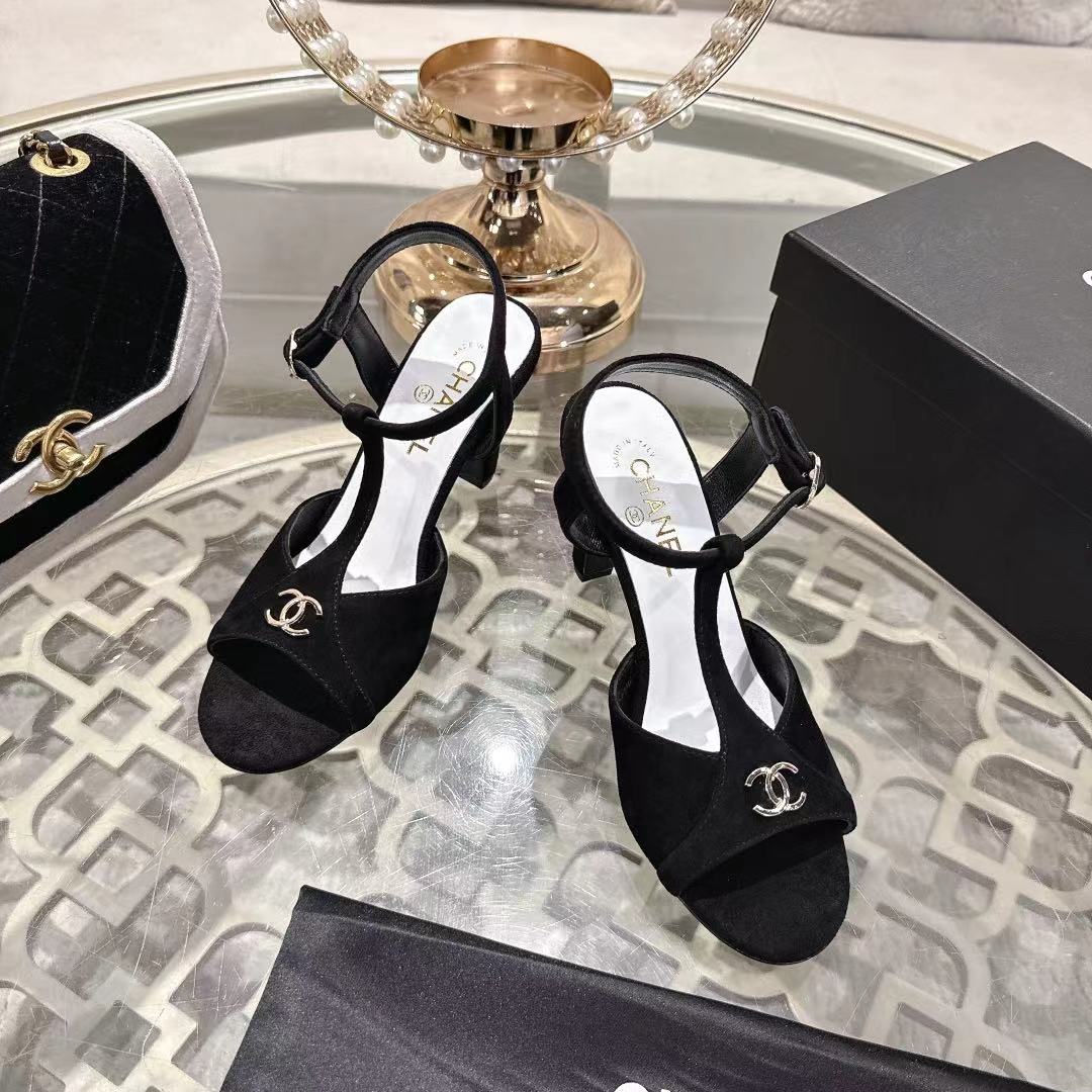 Chanel 2026 Double C Platform High-Heel Sandal Black Suede Leather 634215