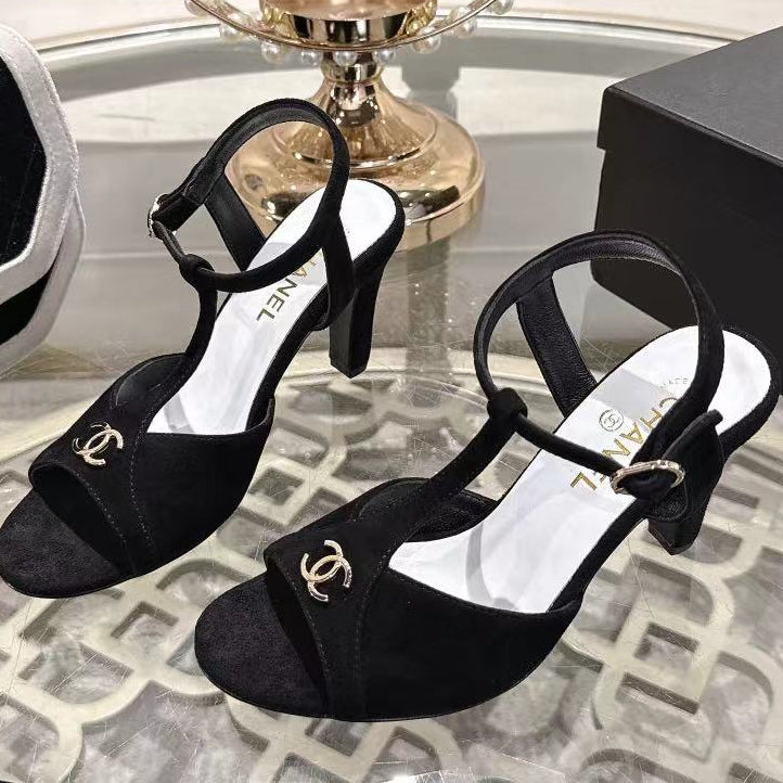 Chanel 2026 Double C Platform High-Heel Sandal Black Suede Leather 634215