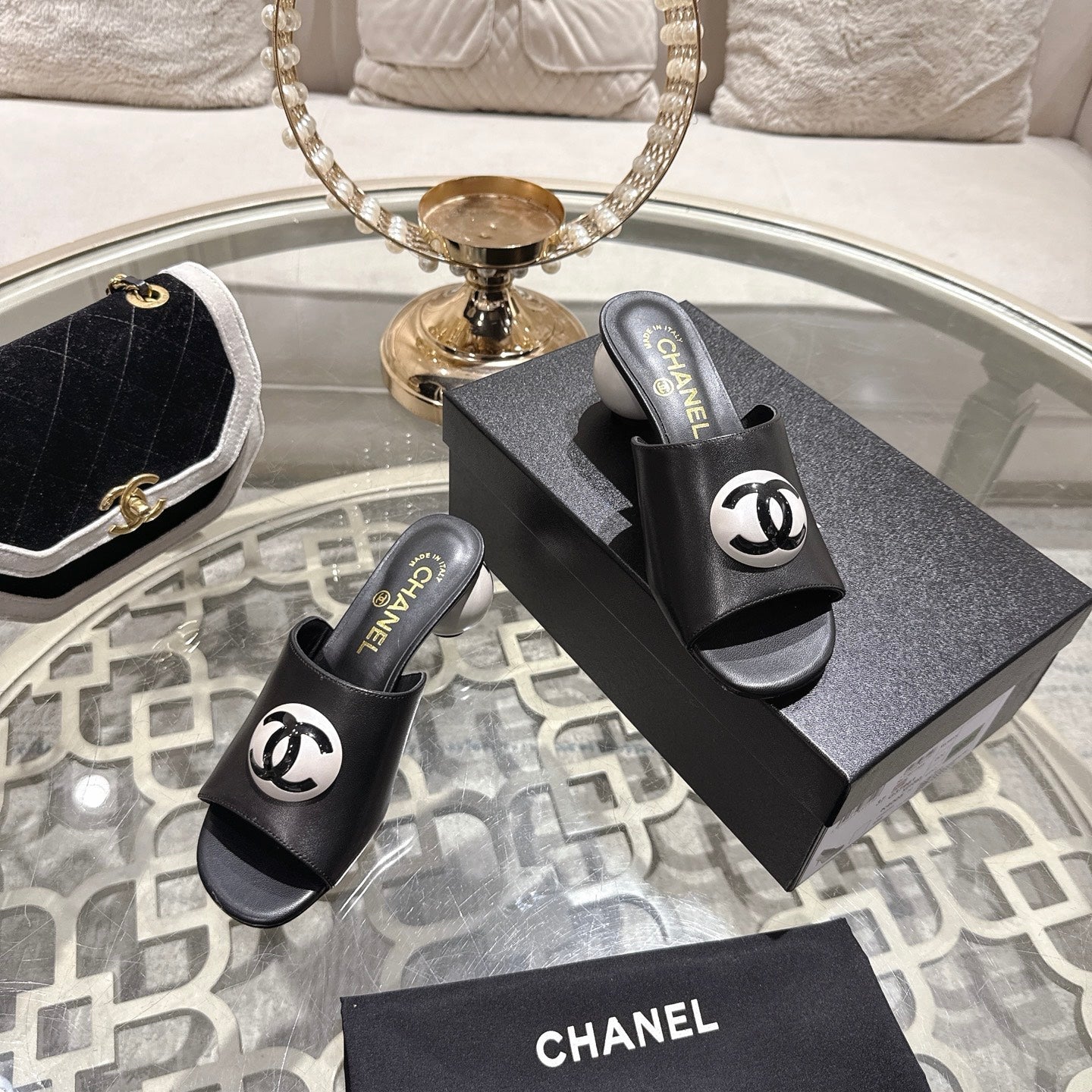 Chanel 2026 Double C Pearl High-Heeled Sandals Leather Lambskin 834456