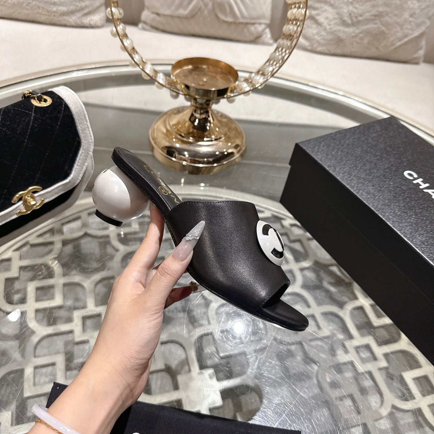 Chanel 2026 Double C Pearl High-Heeled Sandals Leather Lambskin 834456