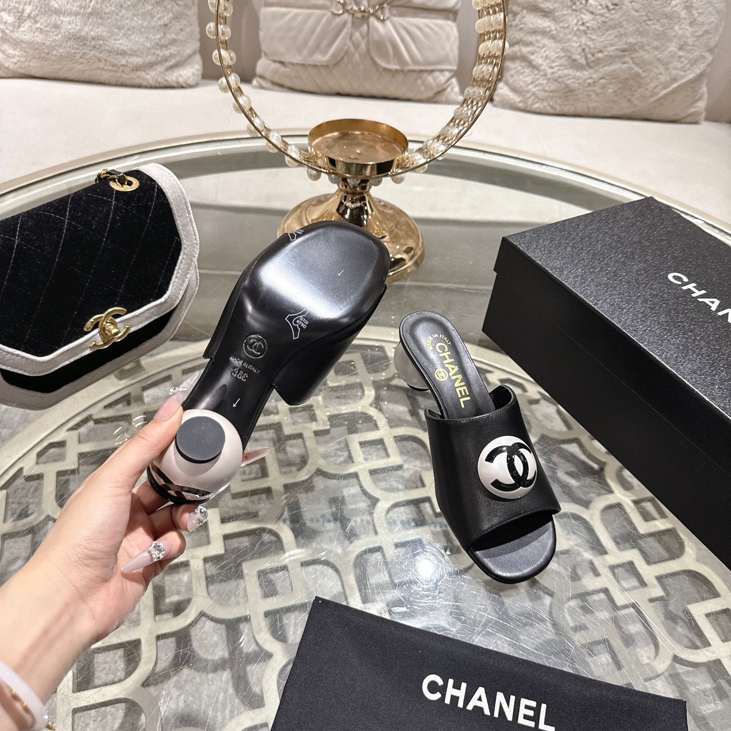 Chanel 2026 Double C Pearl High-Heeled Sandals Leather Lambskin 834456