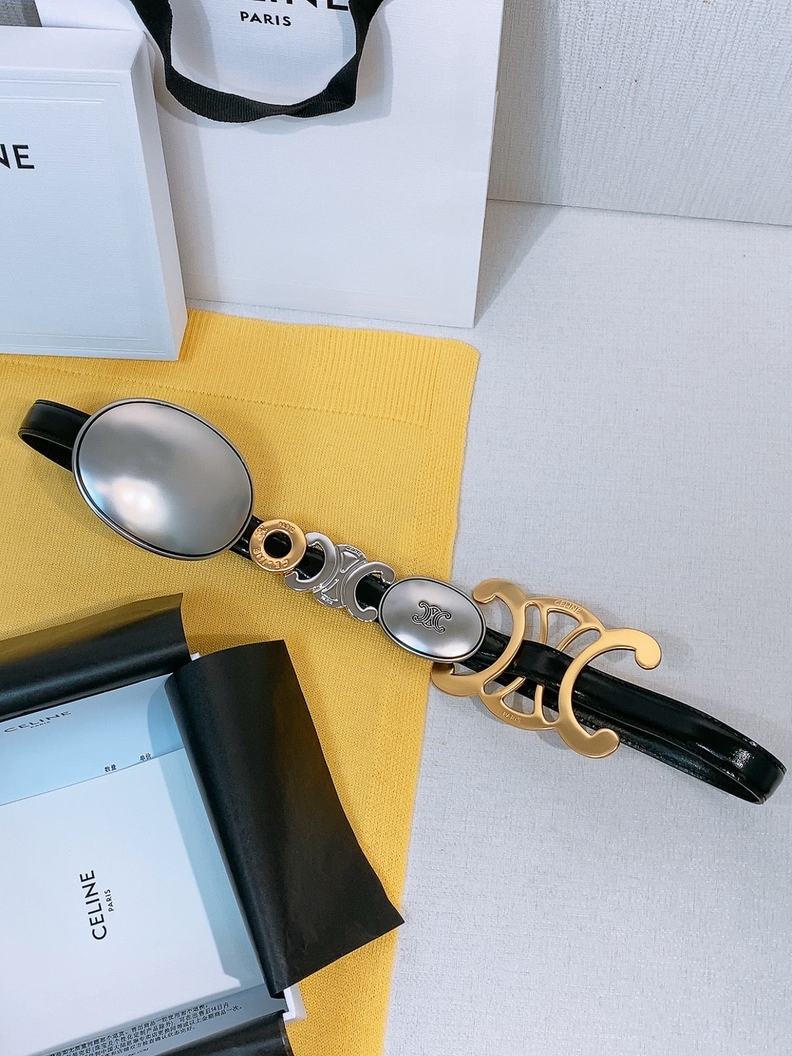 Celine 2026 Signature Belt 1.8cm Black Gold Silver Taurillon Leather