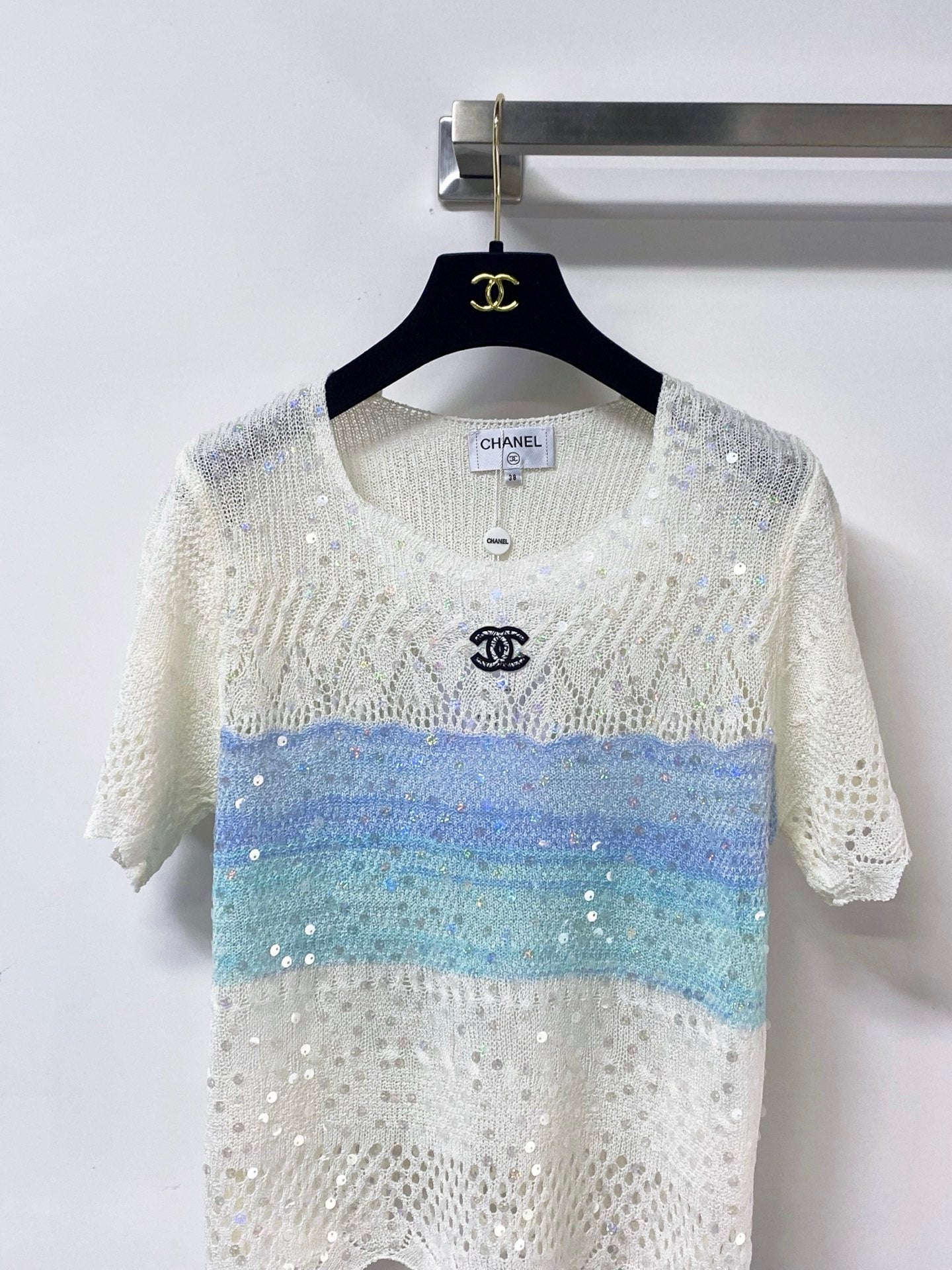Chanel 2026 Short-Sleeved Shirt  Blue White Wool 479938