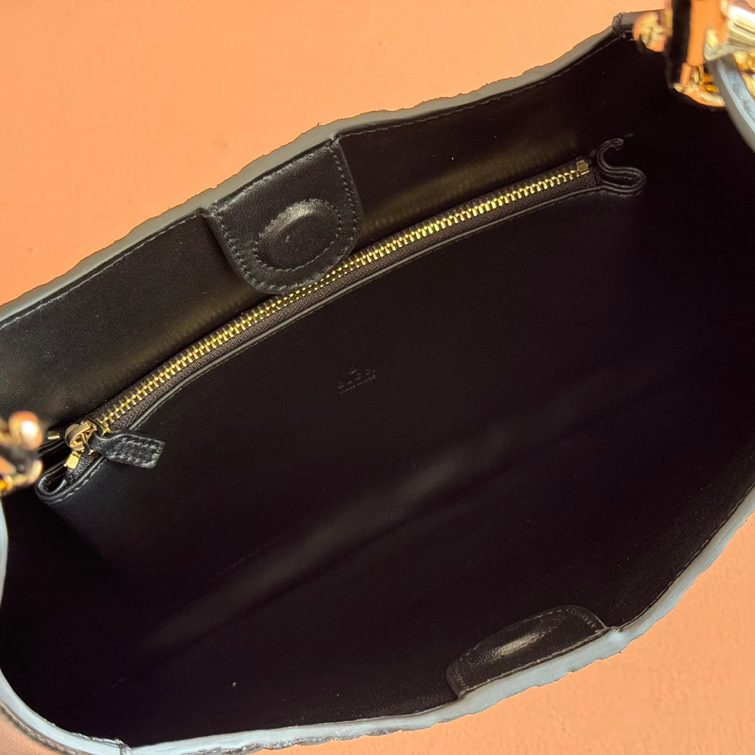 Gucci Body Double Lock Handbag Black Velvet Embossed Leather 248133