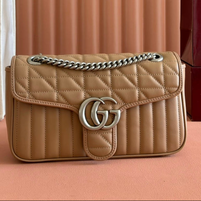 Gucci GG Marmont 26 Bag with Silver Hardware Beige Calfskin 248235