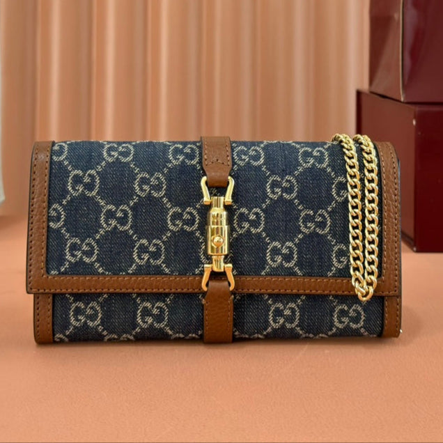 Gucci Jackie Chain Wallet Blue Brown Canvas Leather 255173
