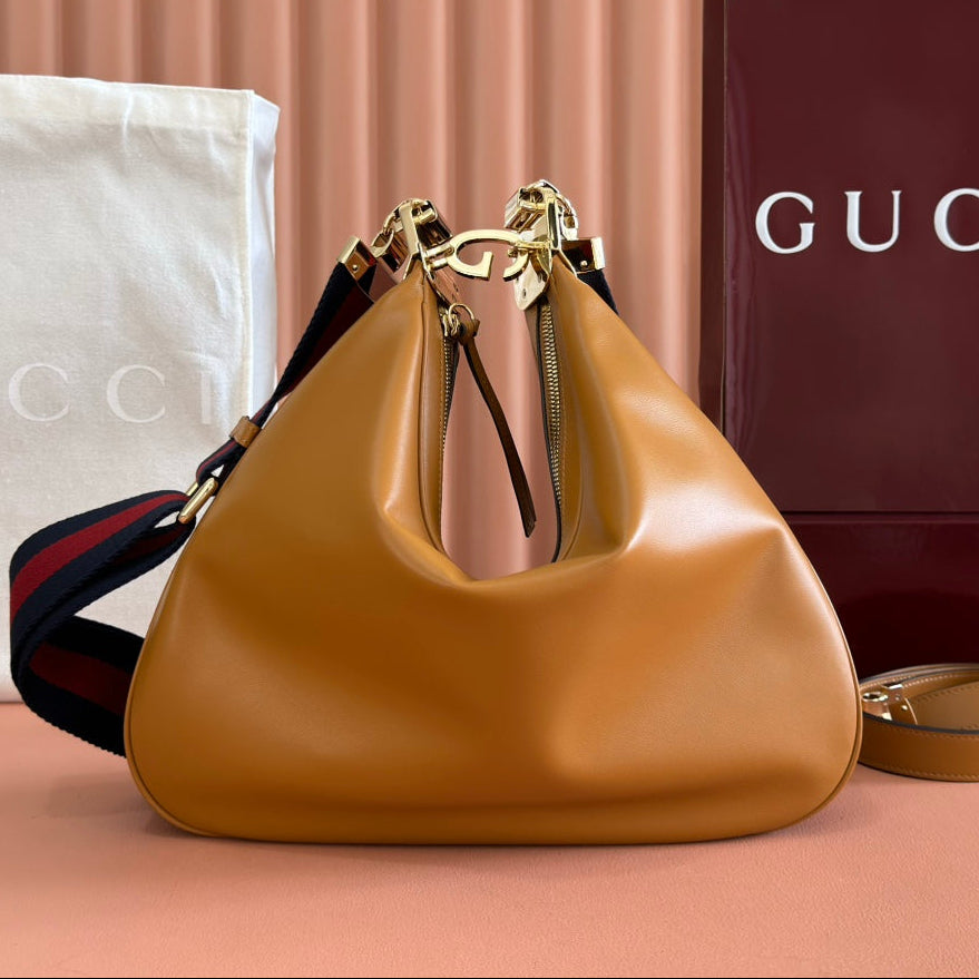 GG 2025 Attache Shoulder Bag 35cm Camel Calfskin Canvas 273672