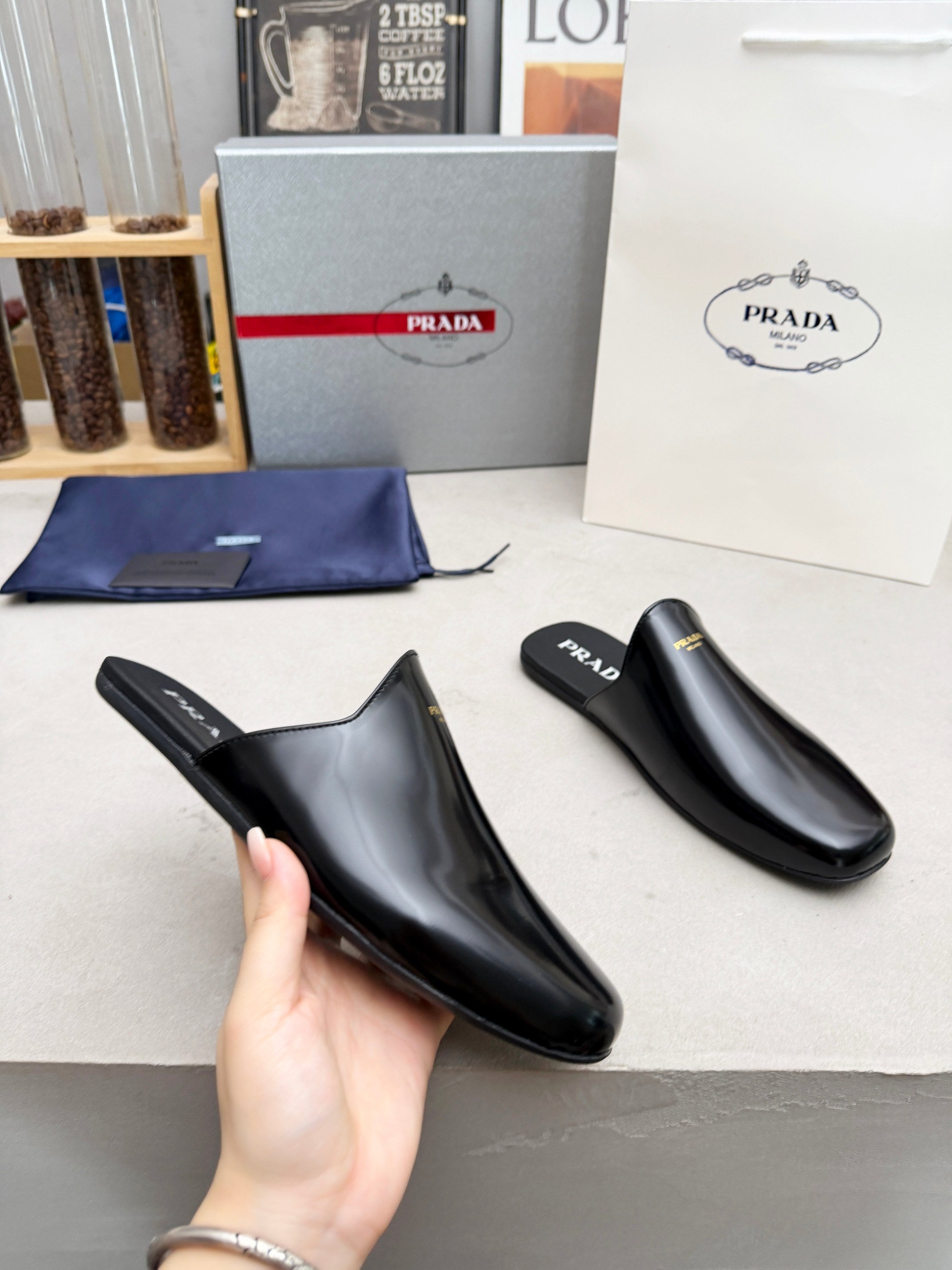 Prada 2026 Brushed Black Slippers Leather 778940