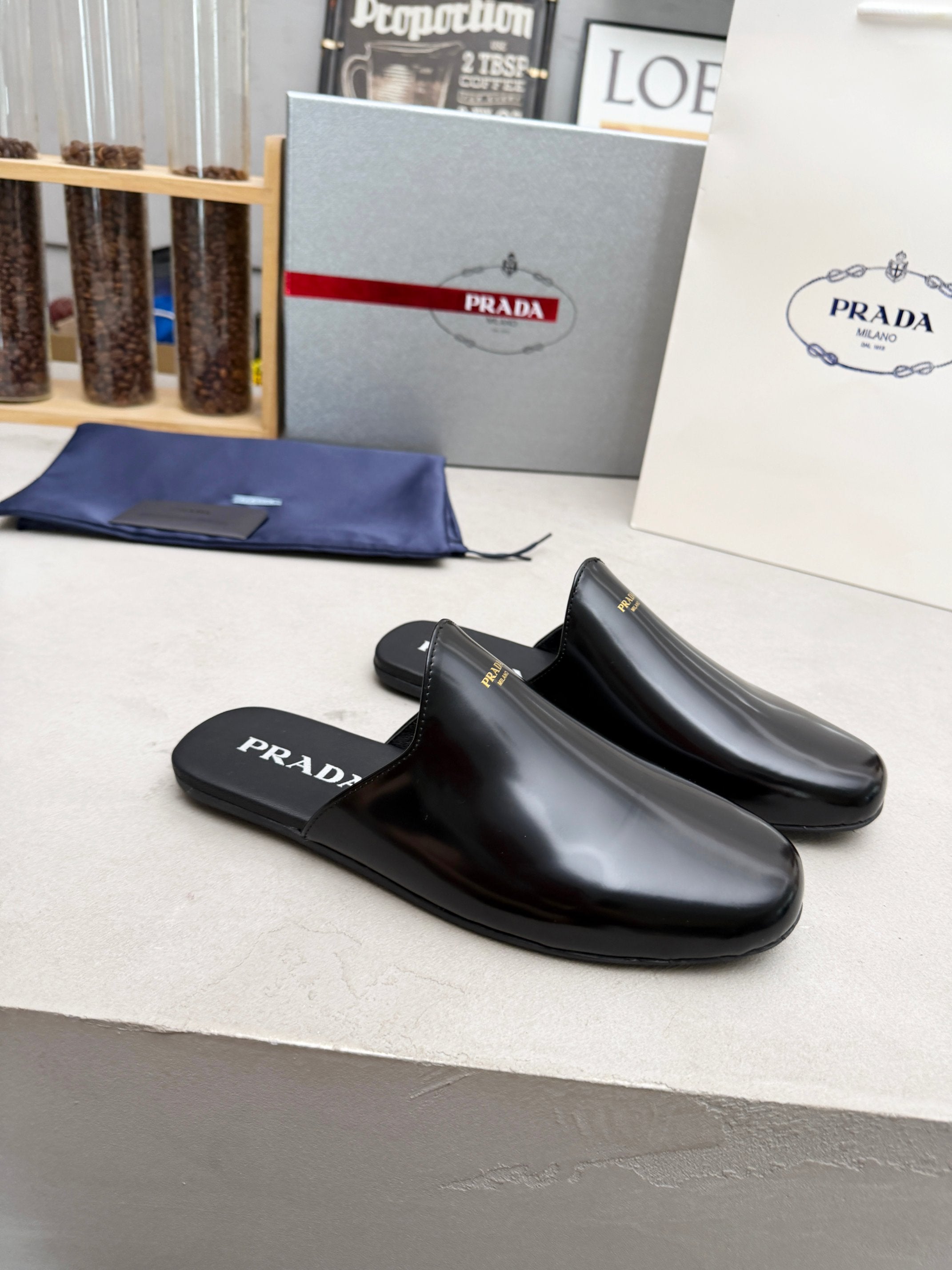 Prada 2026 Brushed Black Slippers Leather 778940