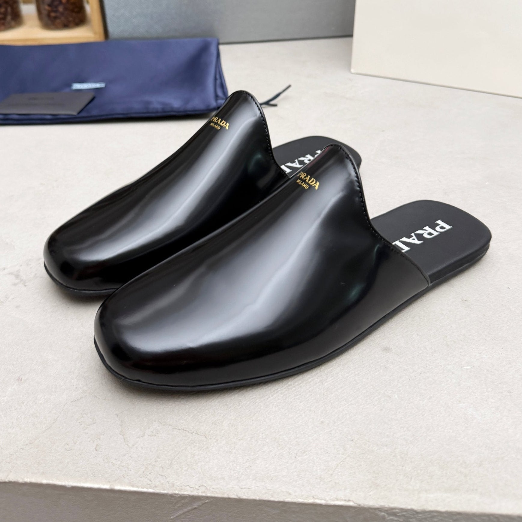 Prada 2026 Brushed Black Slippers Leather 778940