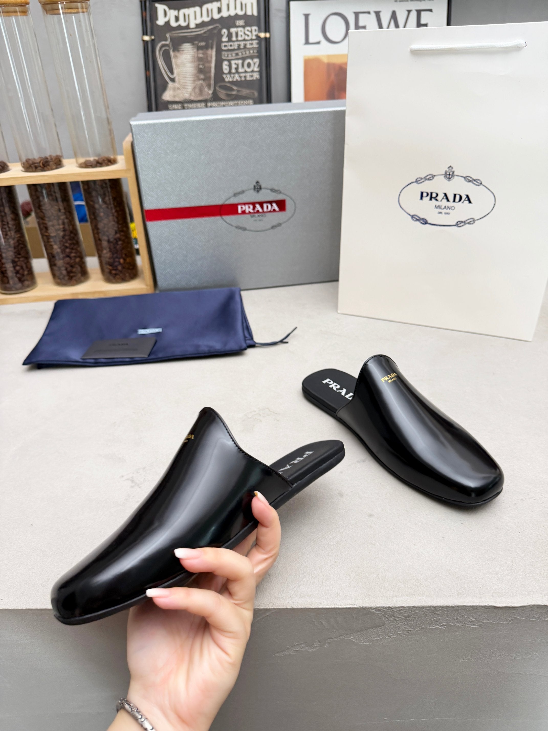 Prada 2026 Brushed Black Slippers Leather 778940
