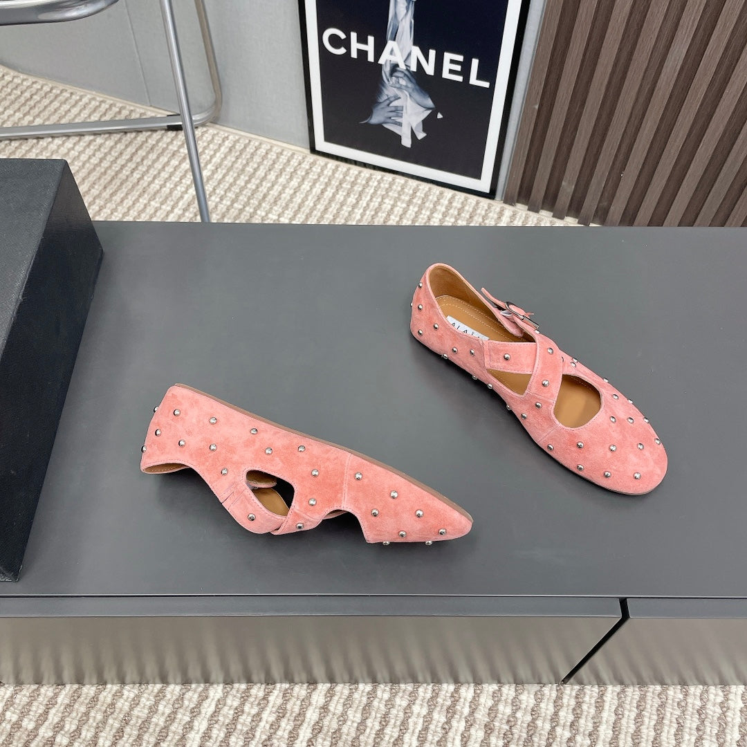 Alaia 2025 Criss Cross With Stud Ballet Flats Pink Suede 293216