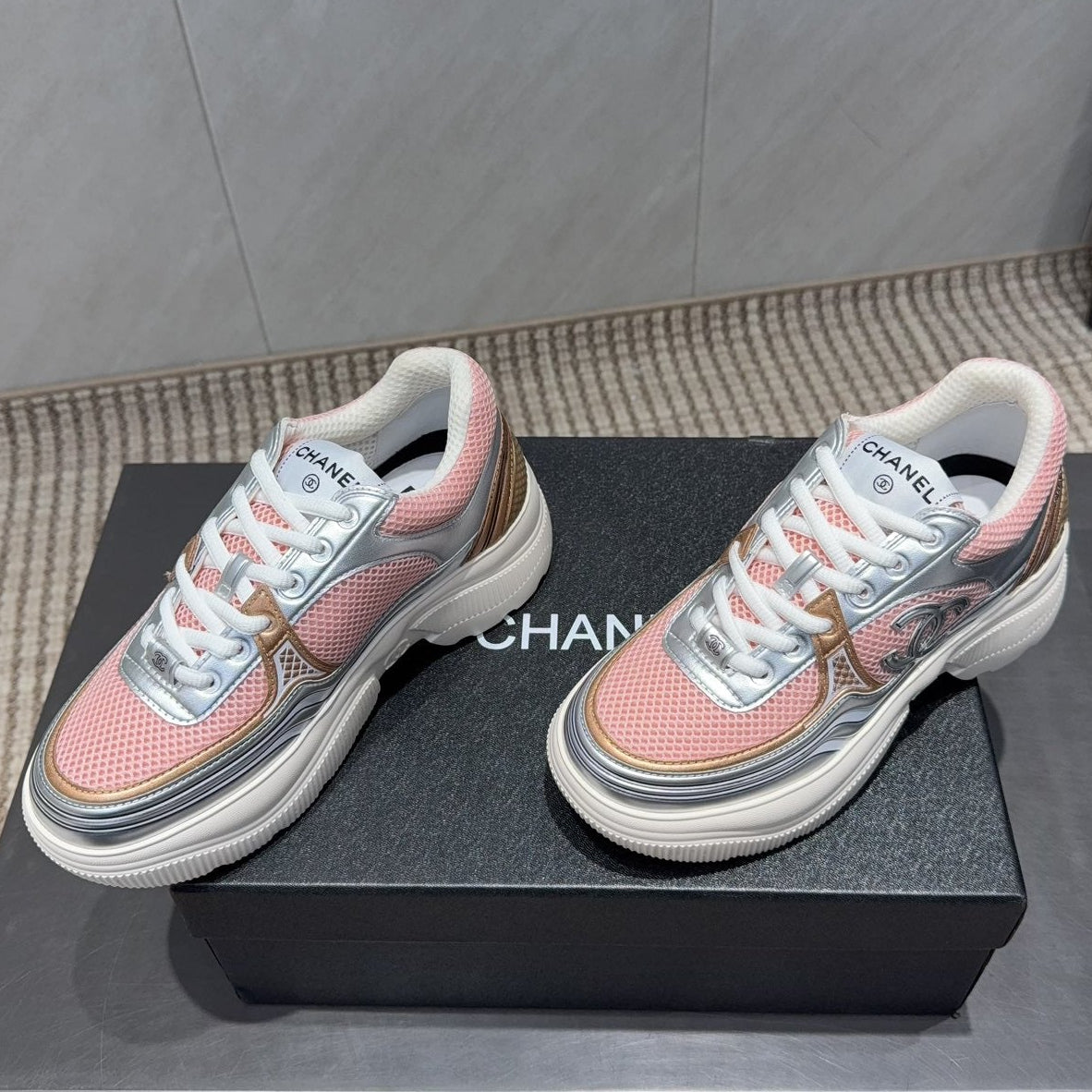 Chanel 25 Sneaker White Pink Silver Mesh Leather 540311