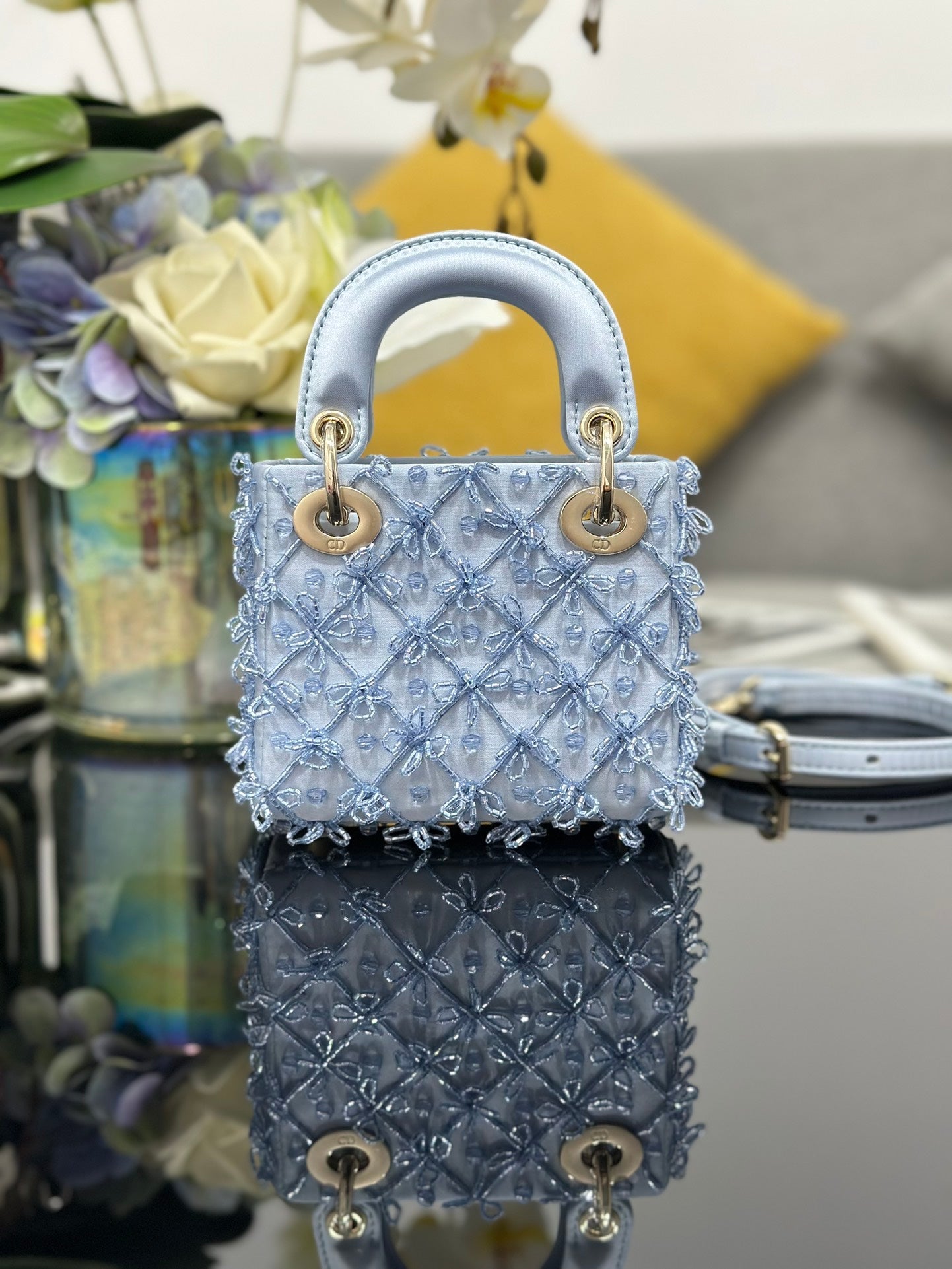 Dior 2026 Embroidered Beaded Bag 12cm Satin Leather 148685
