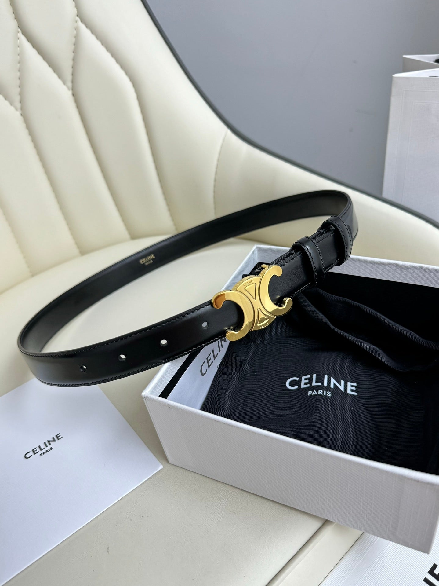 MEDIUM TRIOMPHE BELT 25MM LEATHER GOLD HARDWARE
