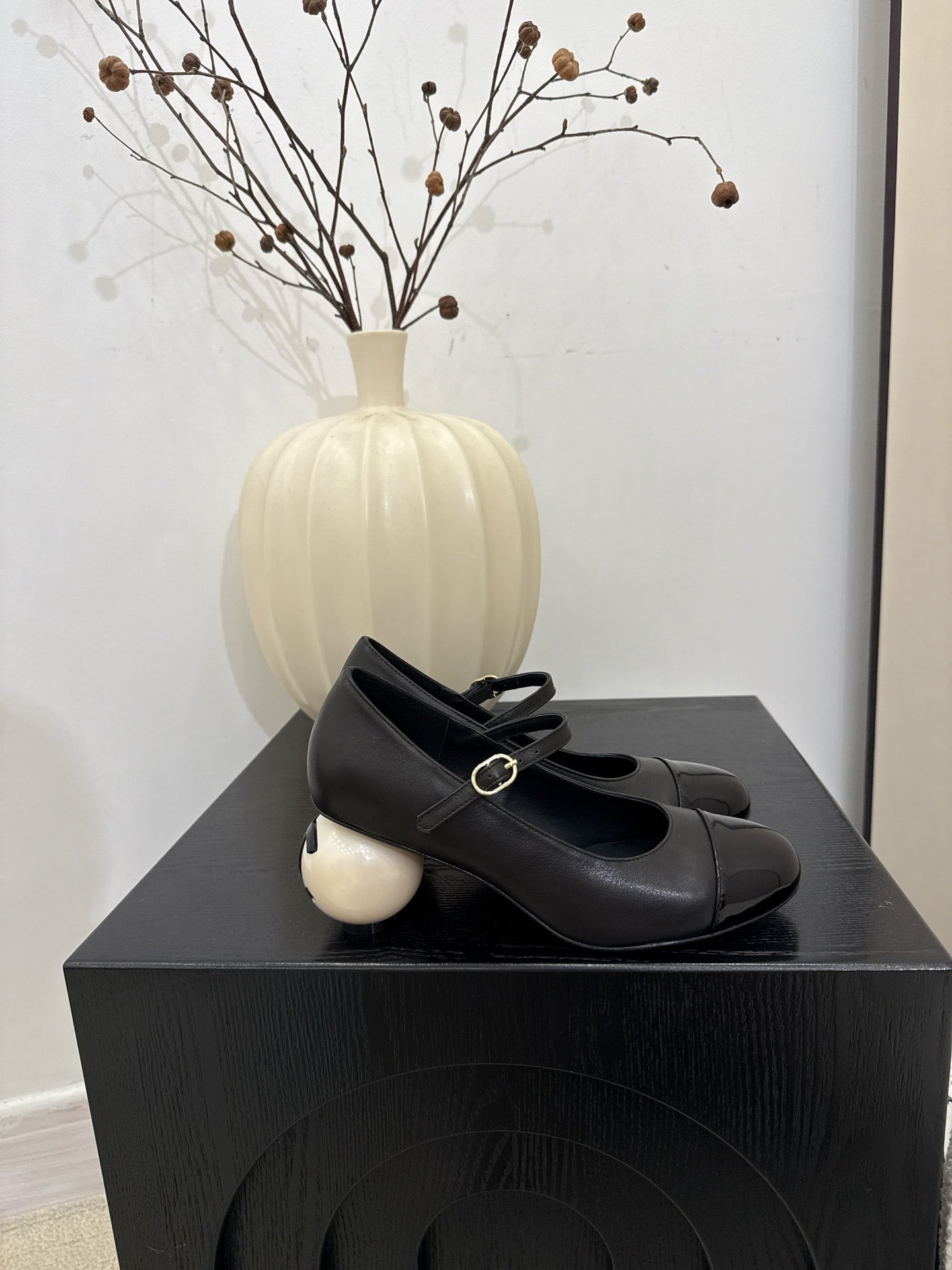 Chanel Mary Jane Pumps with Pearl Heels Black White Leather