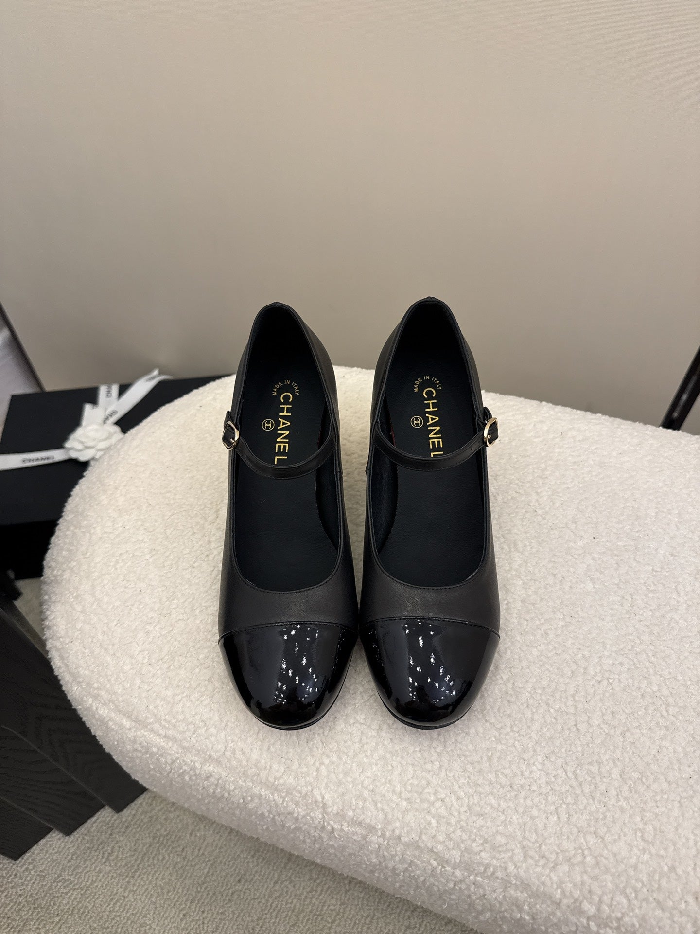 Chanel Mary Jane Pumps with Pearl Heels Black White Leather